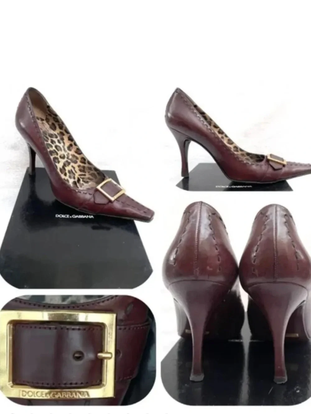 Dolce & Gabbana Vintage Brown Burgundy Women's Pointy Shoes with Gold Buckle